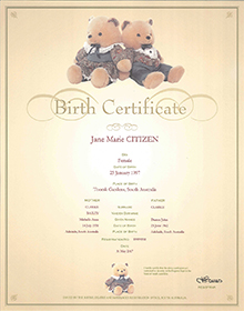 Birth Certificate – Light brown background with a thin brown border. There are two teddy bears sitting back-to-back at the top and a small teddy bear at the bottom. The information on the certificate includes name of the child, sex, place of birth. Names and age of the parents. The Registration number and the date of the birth.