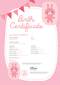 Birth Certificate –  Pink border with spots and pink and red bunting in the left hand top corner. There are cartoon style pink bunnies in the top right and bottom left corners. The information on the certificate includes name of the child, sex, place of birth. Names and age of the parents. The Registration number and the date of the birth. 