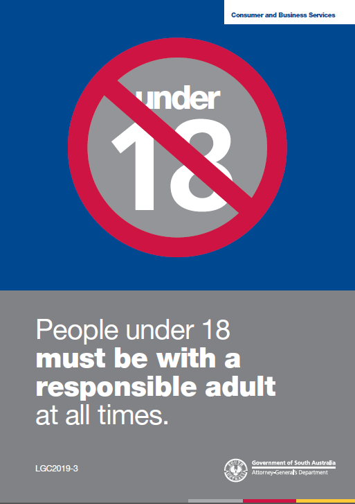 Sign reads
              'People under 18 must be with a responsible adult at all times."