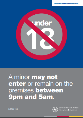 Sign LGC2019-6 reads 'A minor may not enter or remain on the premises between 9pm and 5am. 