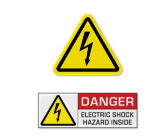 Yellow symbol with words 'Danger electric shock hazard inside