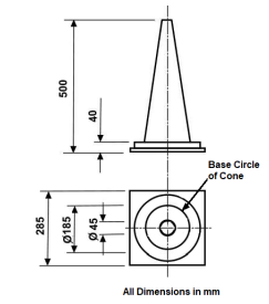 2 diagrams showing the height and base dimensions of a land cone