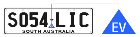 A blue triangle tag with the letters 'EV' inserted in the middle of a SA number plate