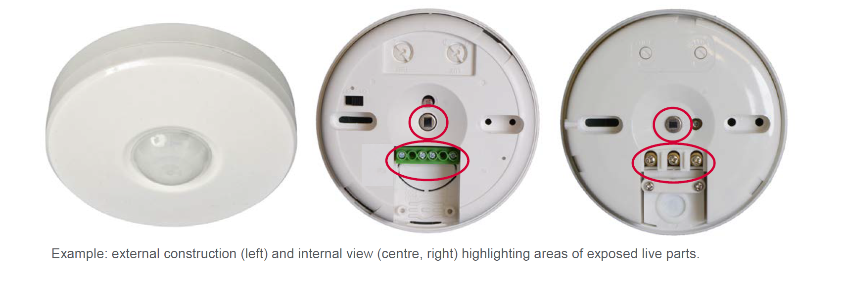 3 views of a PIR sensor. The left view shows the sensor as it would be seen when installed. The centre view shows the rear of the sensor with the internals exposed. The right view shows the rear of the sensor with the covers installed. The centre and right images have red circles to denote the exposed live parts.