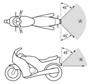 Showing a 45 degree angle from the side and above view of a motorcycle.