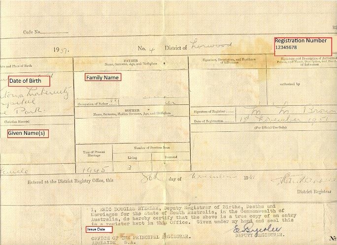 Example South Australian birth certificate from 1957 with the following fields marked in red: family name; given name; date of birth; 8-digit registration number; issue date.