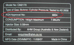 Red circle highlights the AGA Approval number which is third in the list on the data plate information