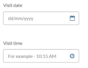 Date field with placeholder text 'dd/mm/yyyy' and Time field with placeholder text 'For example - 10:15 AM