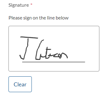 Label 'Signature' with text 'Please sign on the line below', signature added with a clear button
