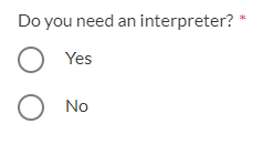 Do you need an interpreter?' text with two radio buttons 'Yes' 'No