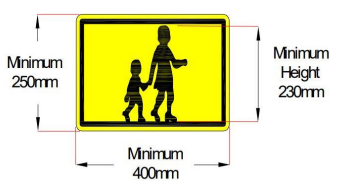 Yellow square sign, minimum height 250mm, minimum width 400mm, inside sign a black silhouette of a female and a child