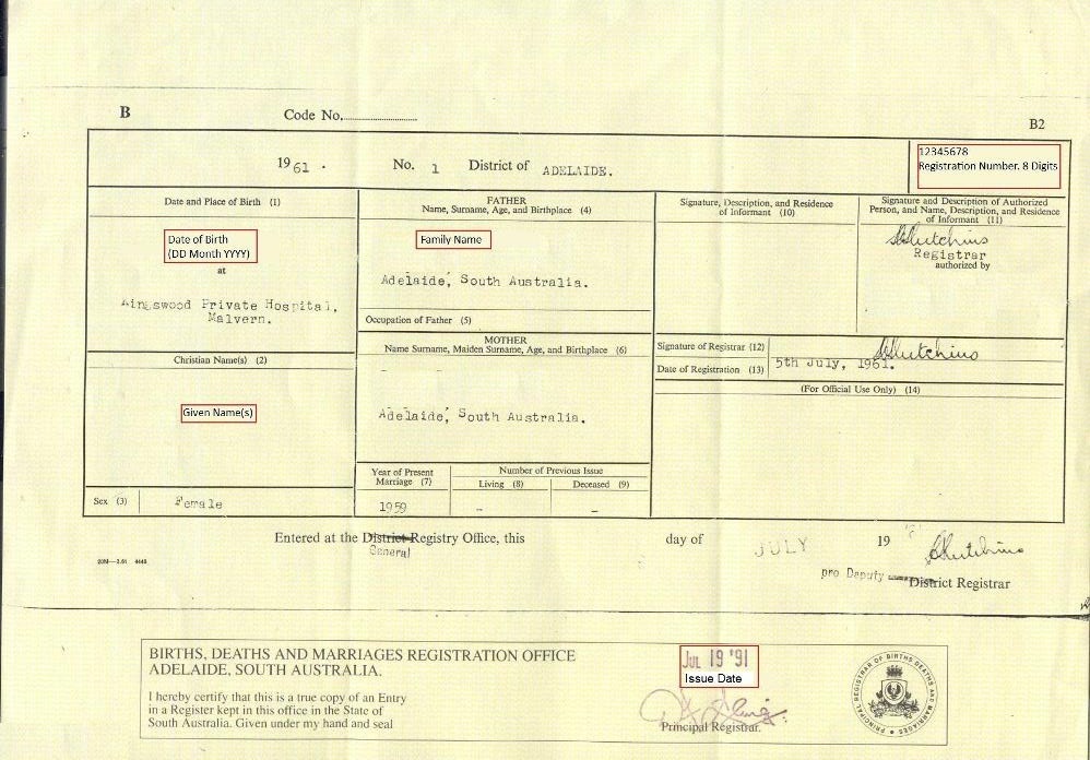 Example South Australian birth certificate from 1961 with the following fields marked in red: family name; given name; date of birth; 8-digit registration number; issue date.