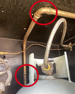 Example of a prohibited press-fit fitting used in the pipework of a gas bottle installation on a food truck.
