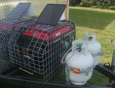 Two gas cylinders and a generator attached to a trailer. The generator is within the 1500mm exclusion zone for an ignition source.