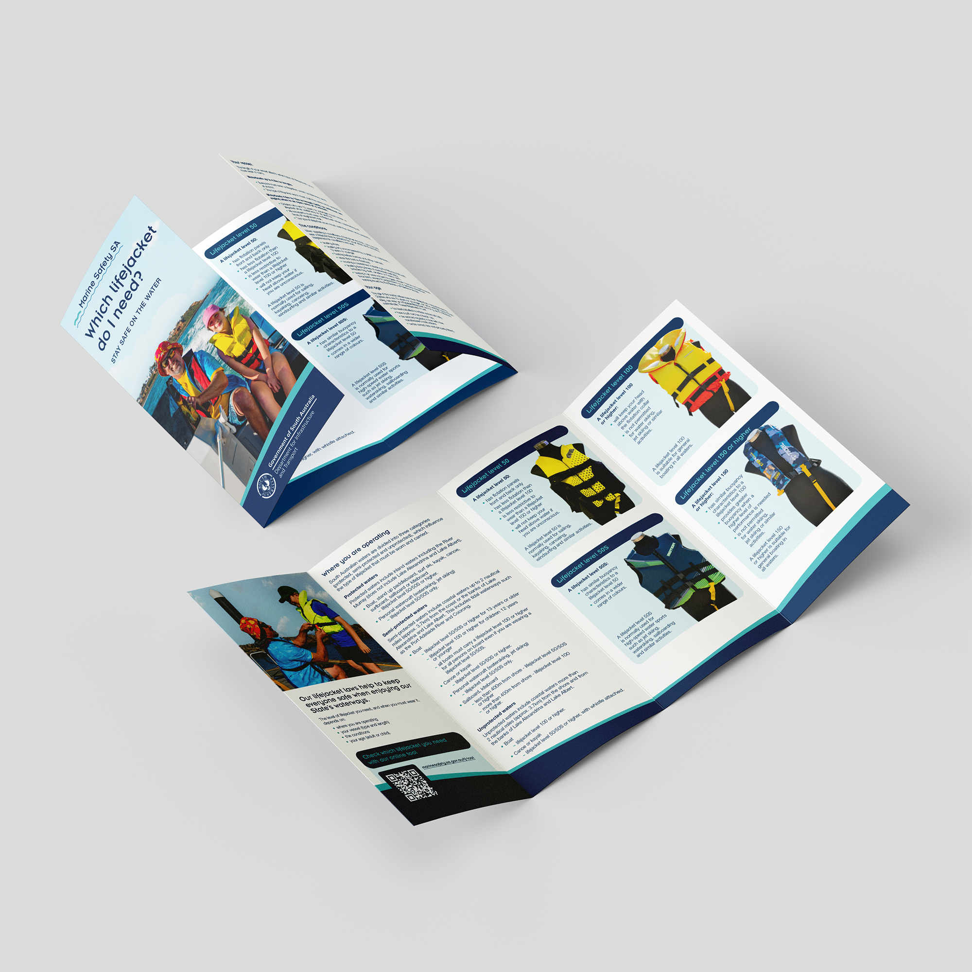 A tri-fold brochure is open, displaying safety instructions and images of people wearing different types of life jackets. The brochure features text, photos, and a QR code.