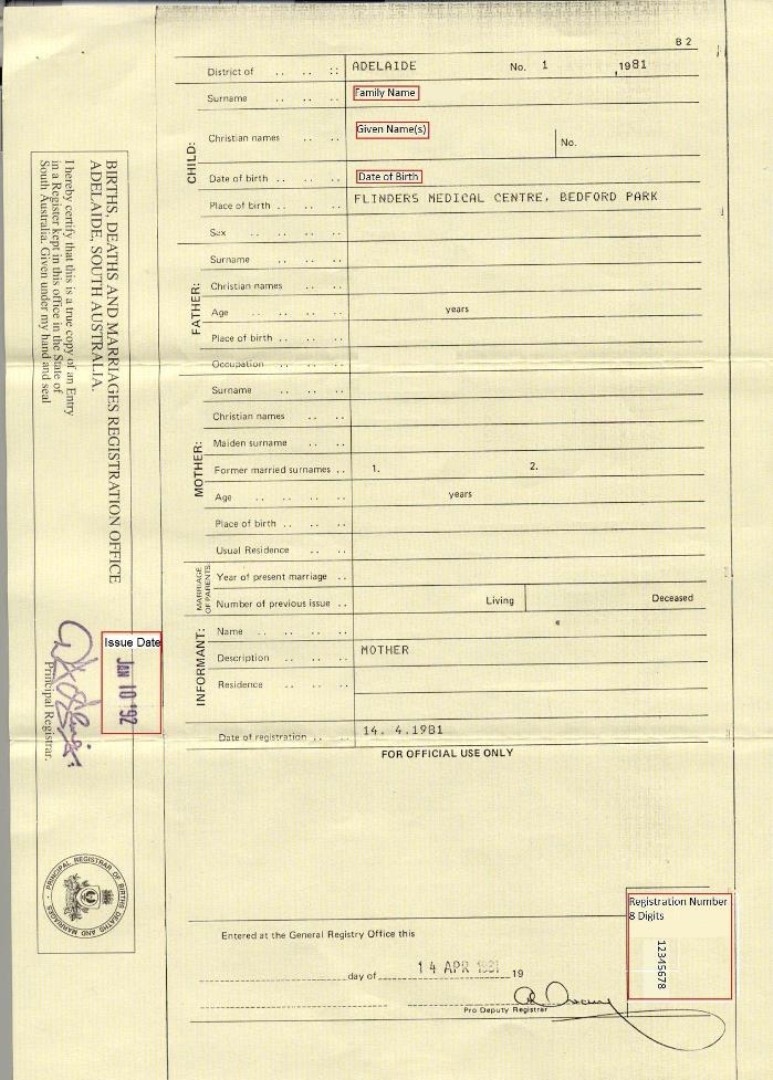 Example South Australian birth certificate from 1981 with the following fields marked in red: family name; given name; date of birth; 8-digit registration number; issue date.