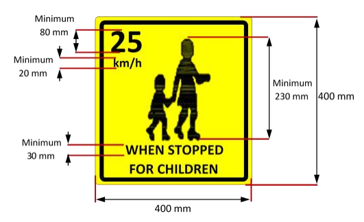 Yellow square sign with measurements and inside the sign a silhouette of a female and child, with 