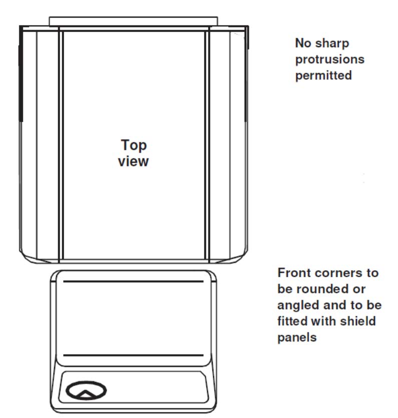 No sharp corners permitted' 'Front corners to be rounded or angled and to be fitted with shield panels