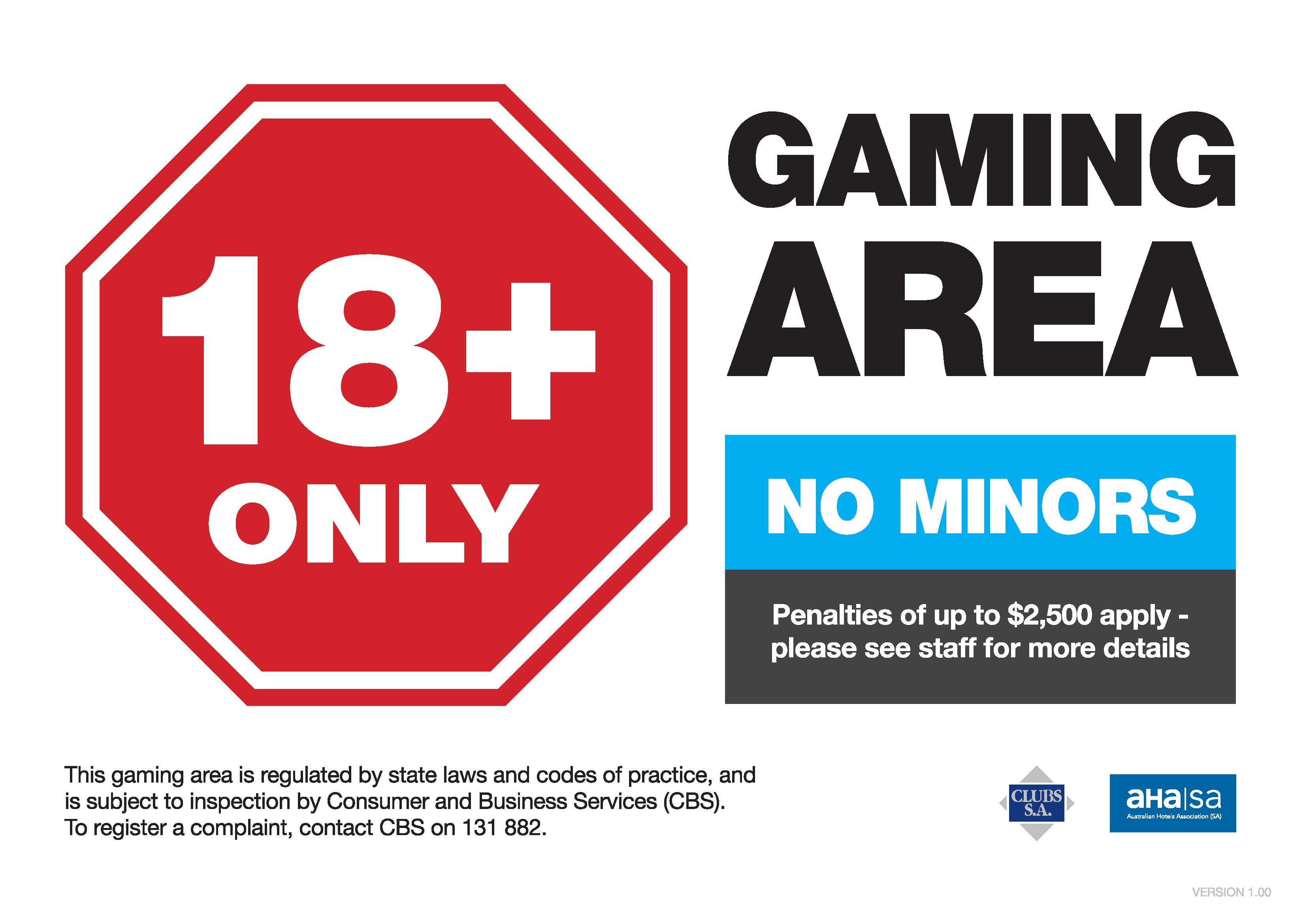 18+ only Gaming Area - No Minors (penalties of up to $2500 apply - please see our staff for more details)
