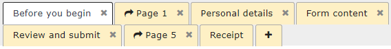 Showing the different pages like Personal details, Form content, Review and submit, Receipt