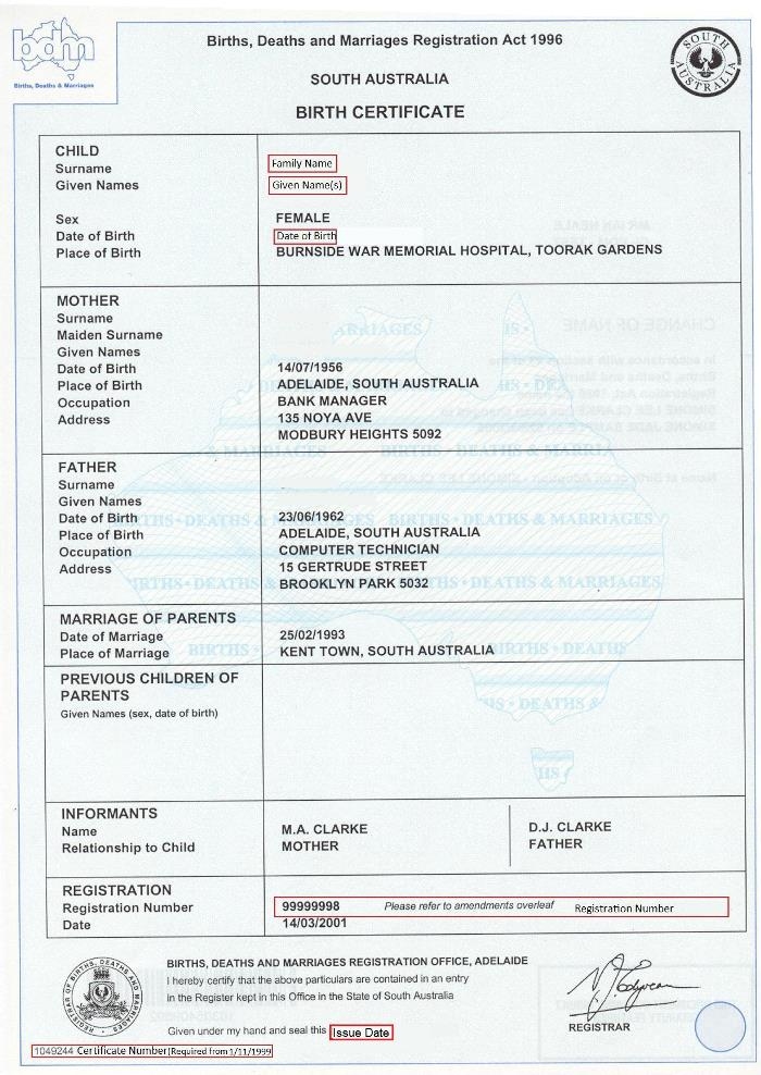 Example South Australian birth certificate from 2001 with the following fields marked in red: family name; given name; date of birth; 8-digit registration number; issue date; certificate number.