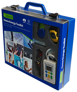 blue satchell with handle showing items in the energy saving toolkit behind a transparent cover.