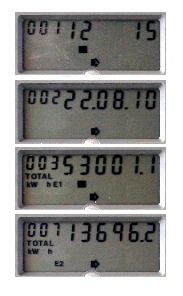 Digital smart meter showing four section, with the third showing 003 (peak) and the fourth showing 007 (off-peak)