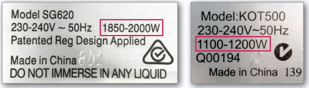 Two appliance label examples. The first appliance shows 1850-2000W and the second appliance shows 1100-1200W.
