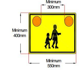 Yellow square with a silhouette of a female and child, showing measurements