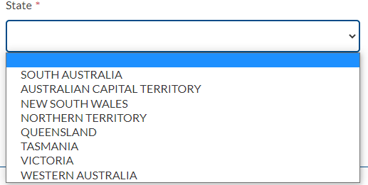 Drop list of the Australian states and territories with South Australia first and then in alphabetical order