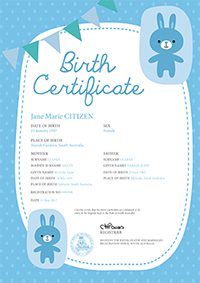 Birth Certificate – Australiana design certificate with a border of Australian birds and animals, including a kangaroo, koala, wombat and an echidna. Birds include a kookaburra, black swan, rosella and a Willy-wagtail. The information on the certificate includes name of the child, sex, place of birth. Names and age of the parents. The Registration number and the date of the birth. 