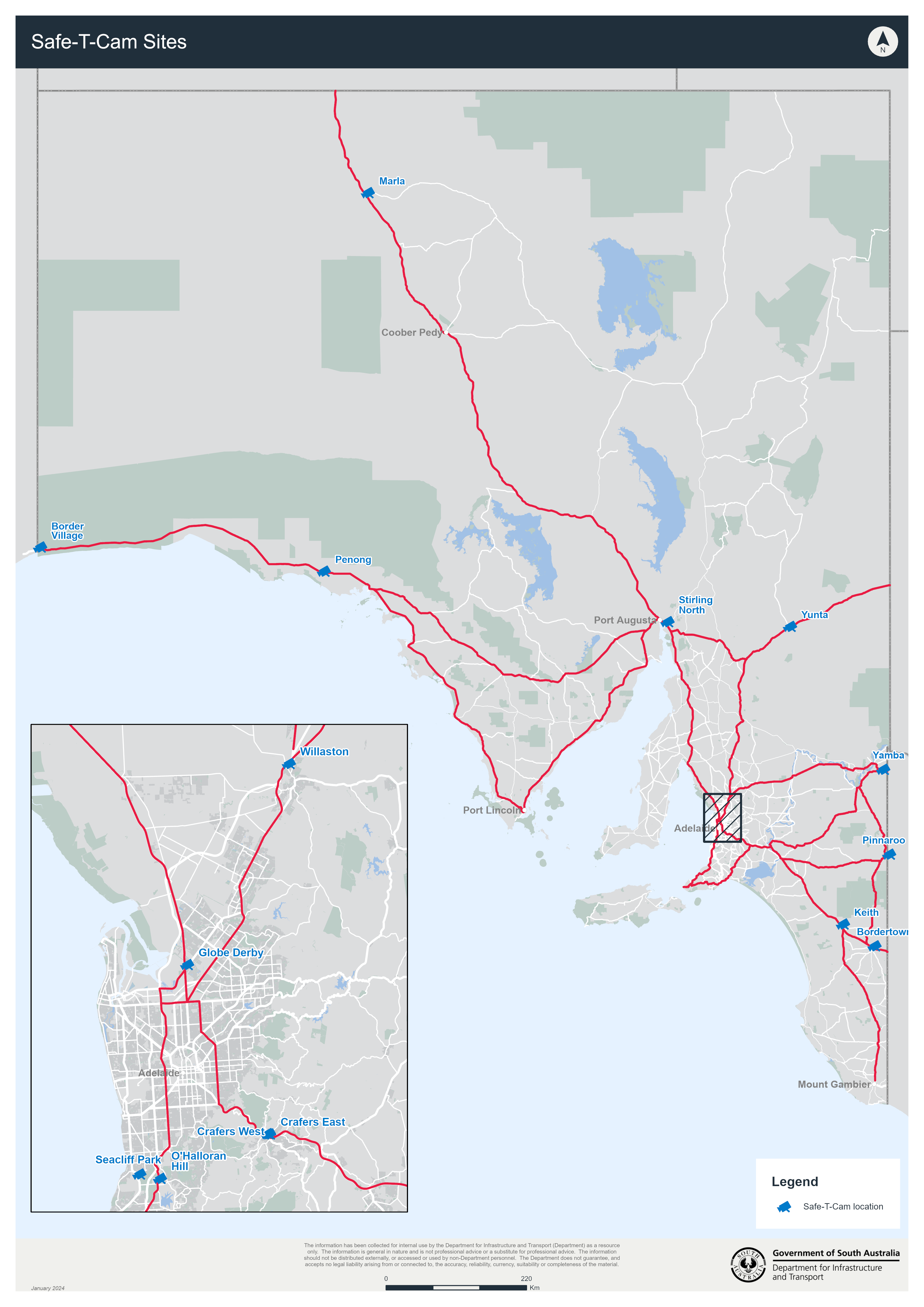Map showing Safe-T-Cam Sites at Globe Derby, Willaston, Crafers, Border Village, Marla, Stirling North, Yunta, Yamba, Pinnaroo, Kieth, and Bordertown.